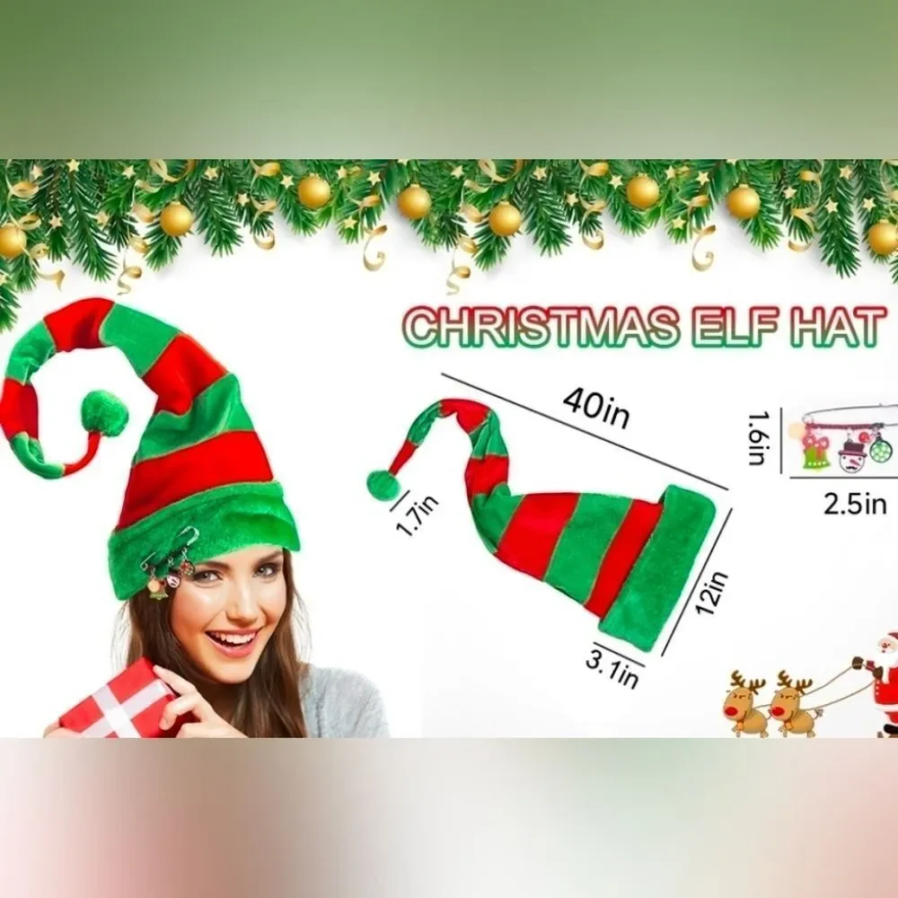 🔹️NWOT Green & Red Striped Adjustable Wire Extra Long Elf Hat One Size - Picture 6 of 7